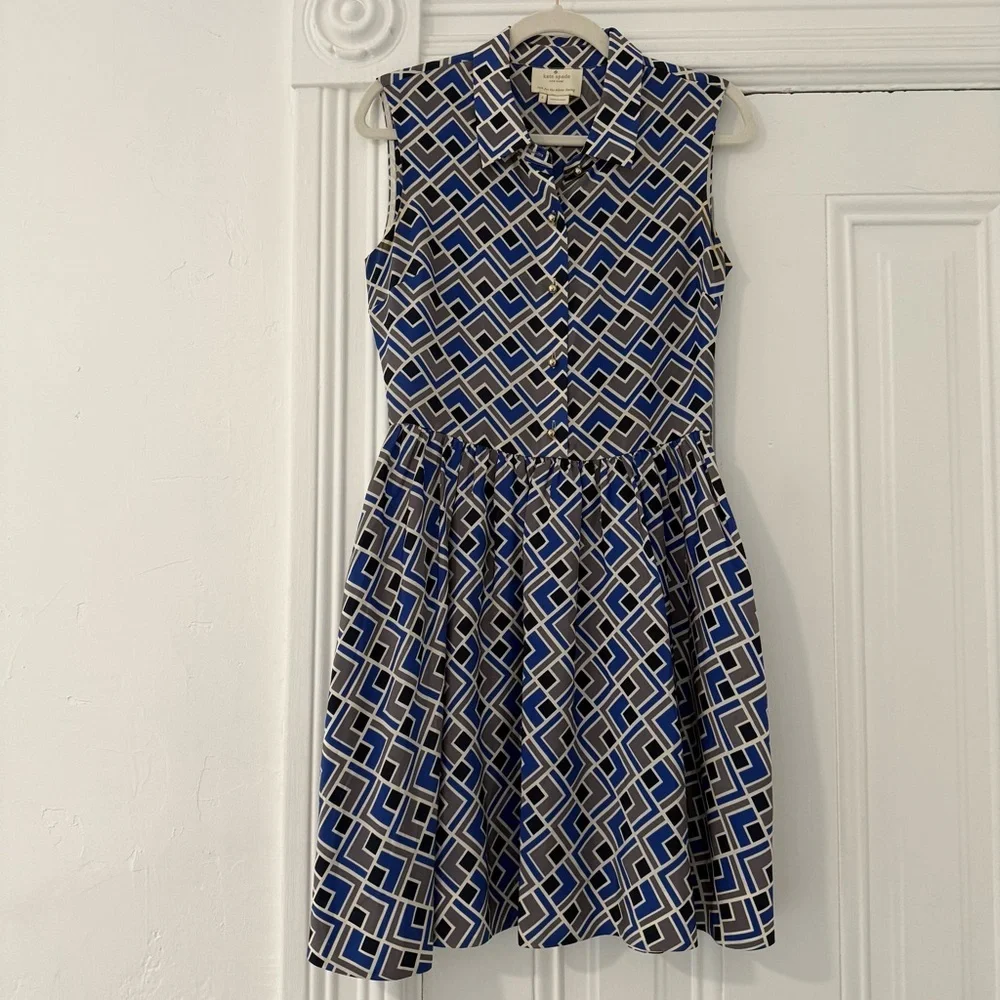 Kate Spade Lora Sleeveless Gray Blue Collared Silk Dress with Pockets